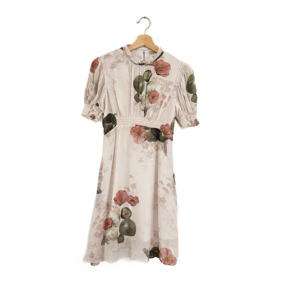 Allsaints Dress Womens 0 Pink Smocked Puff Sleeve Chiffon Floral - Picture 1 of 6